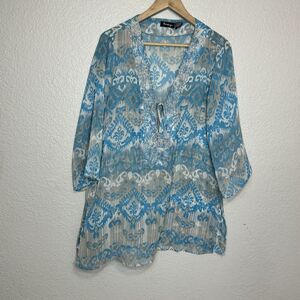 Raviya Top Women L Blue Sheer Tunic Bathing Suit Cover Beaded Resort Wear Beach